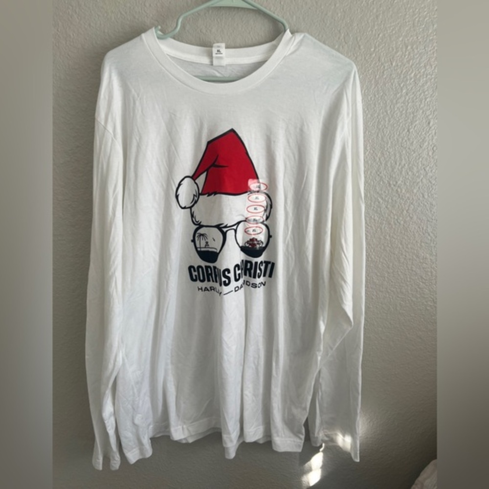 NWT Corpus Christi Harley-Davidson White Long Sleeve Tee with Red Santa Hat